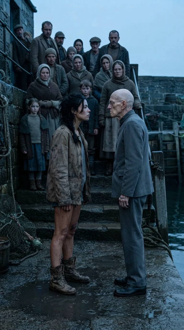 Aria faces Mott in front of the crowd, chin up, hands still in her pockets.
