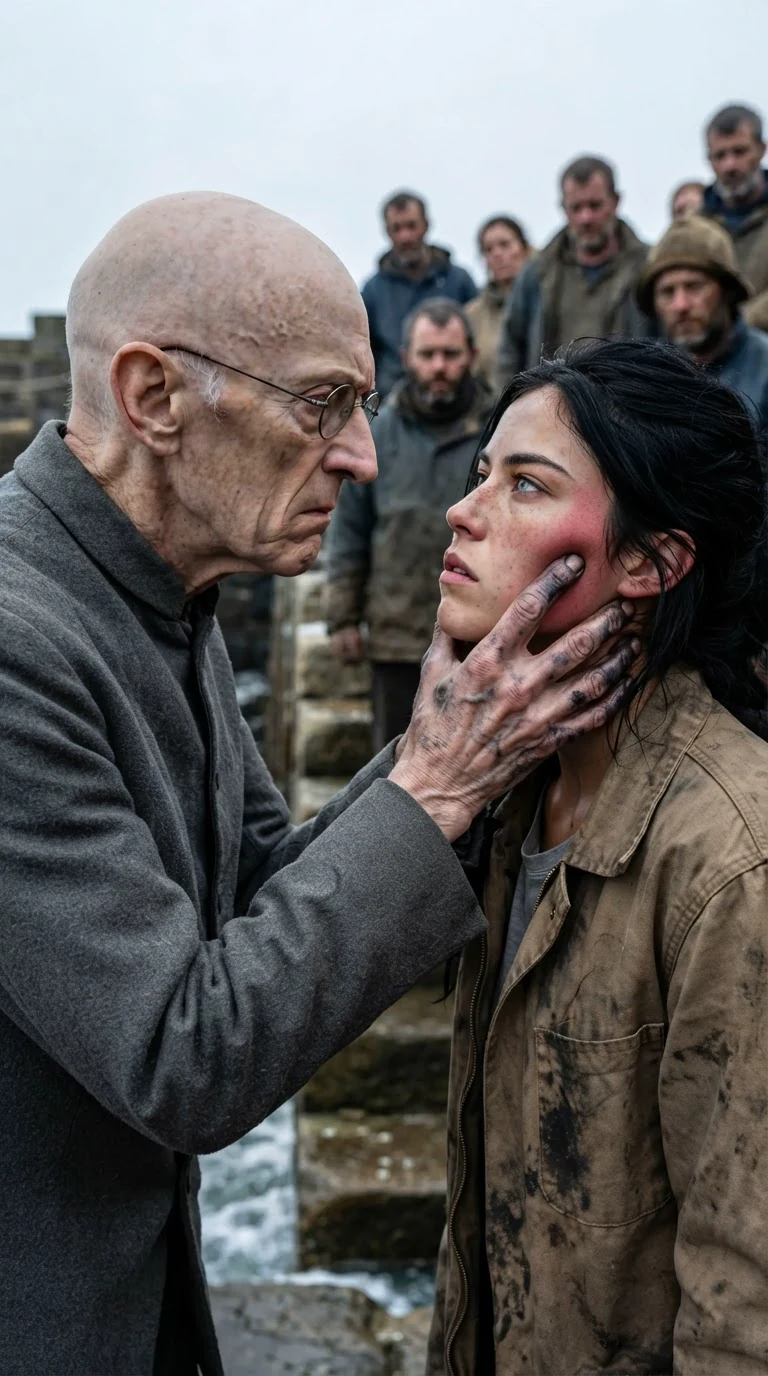 Mott grips Aria's jaw and turns her face up toward the crowd.