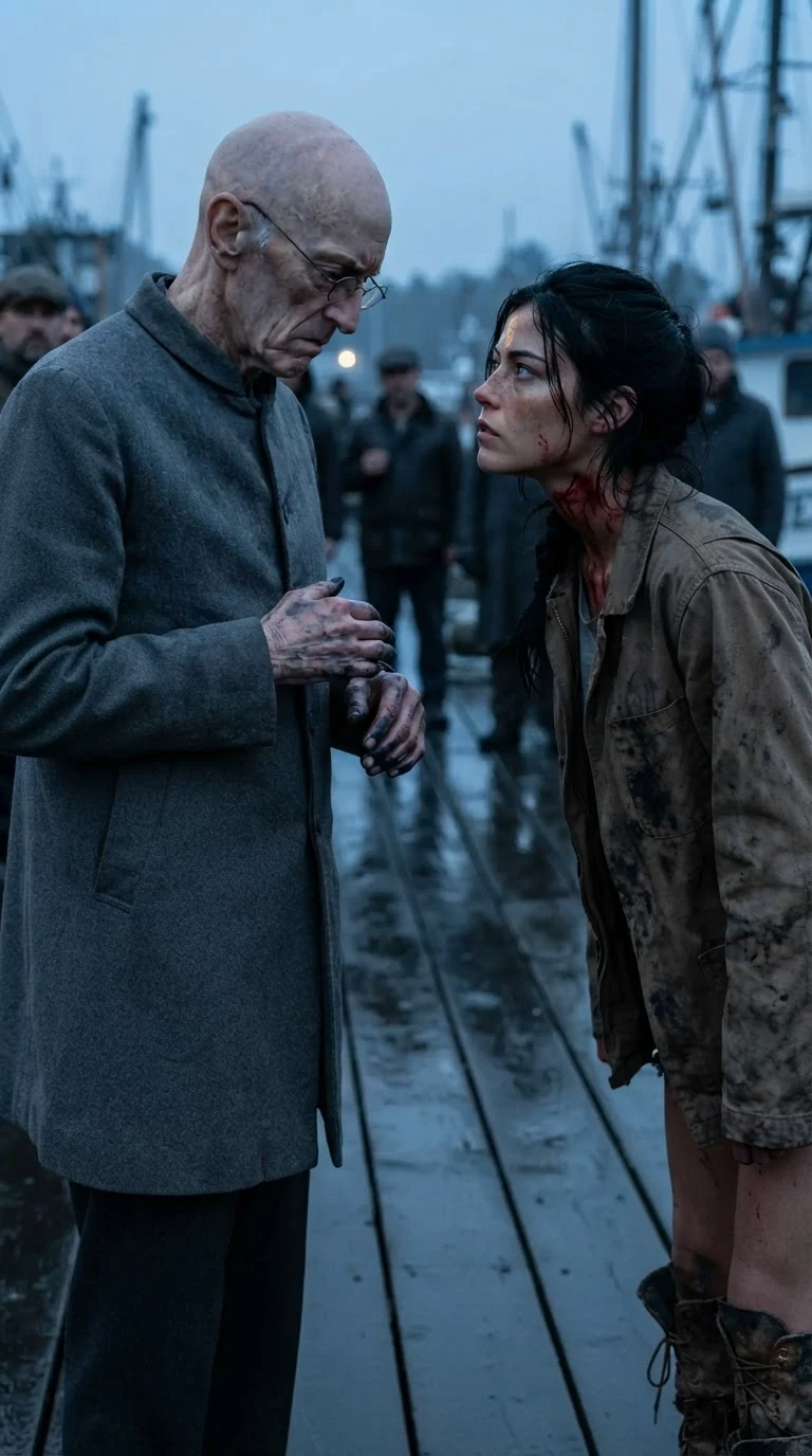 Mott wipes his fingers on his coat and speaks to Aria with flat menace.