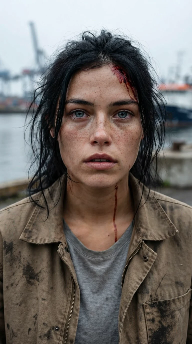Aria's face close up, blood at her hairline, eyes wide with real fear.