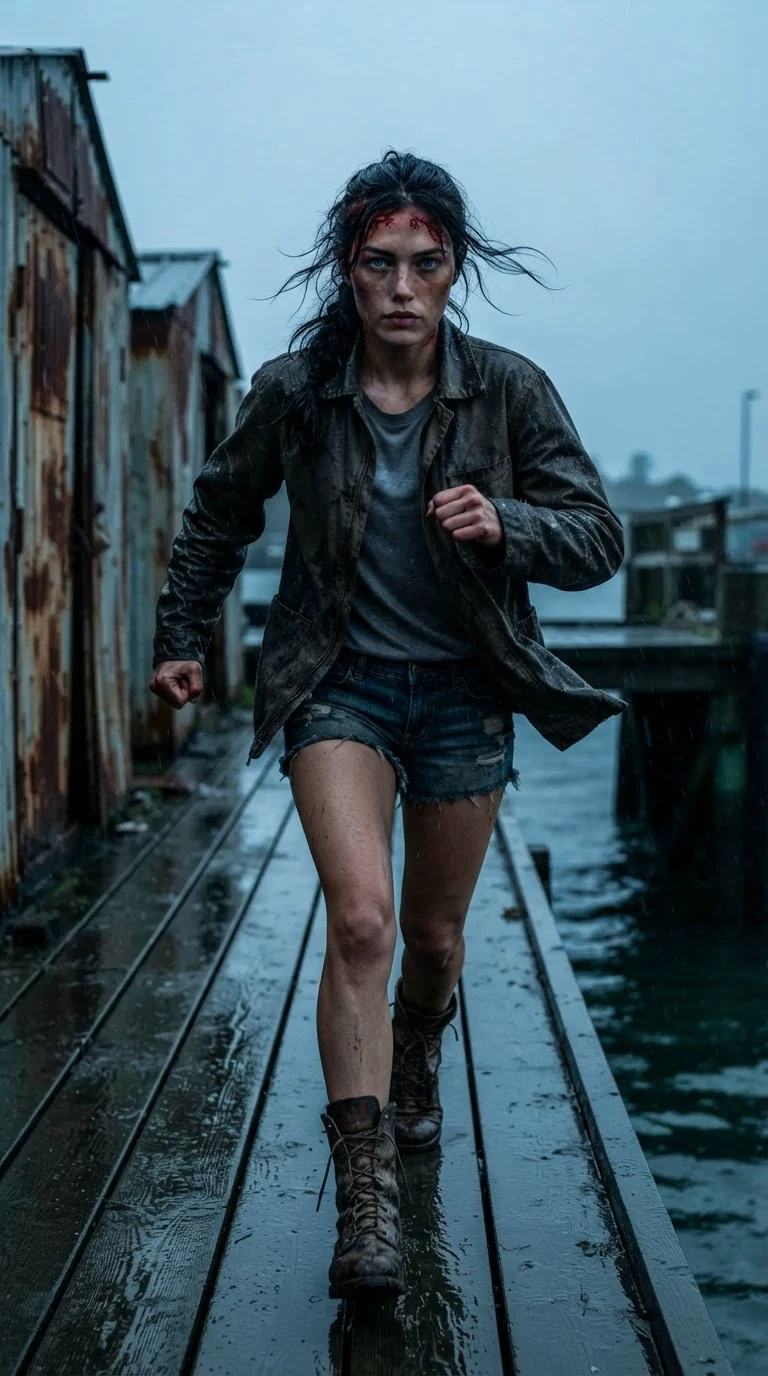 Aria hurries along the wet dock toward the shed, one fist clenched at her side.