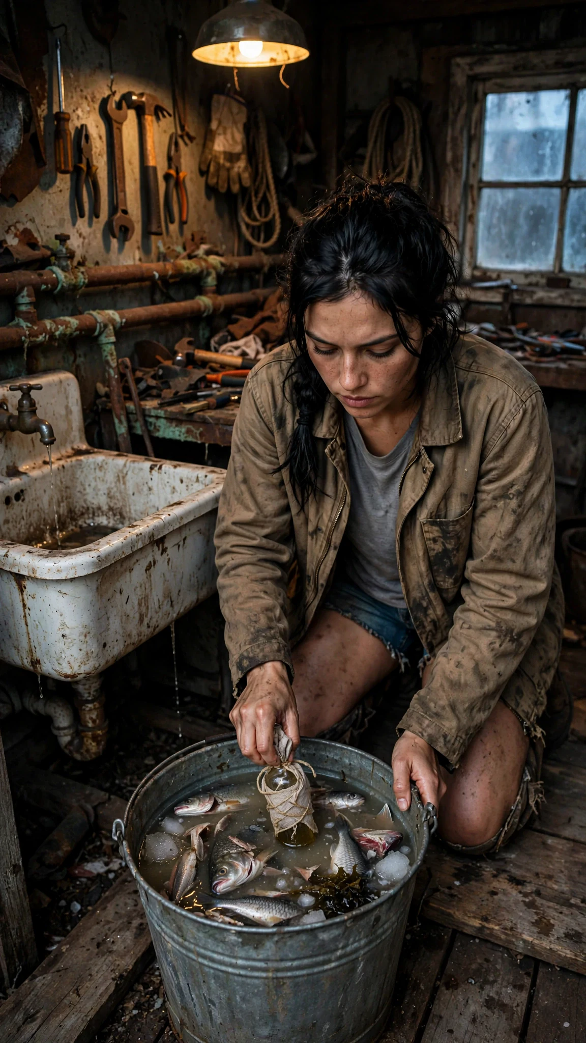Aria kneels by an old sink in the shed and pushes a wrapped vial into a bait bucket.