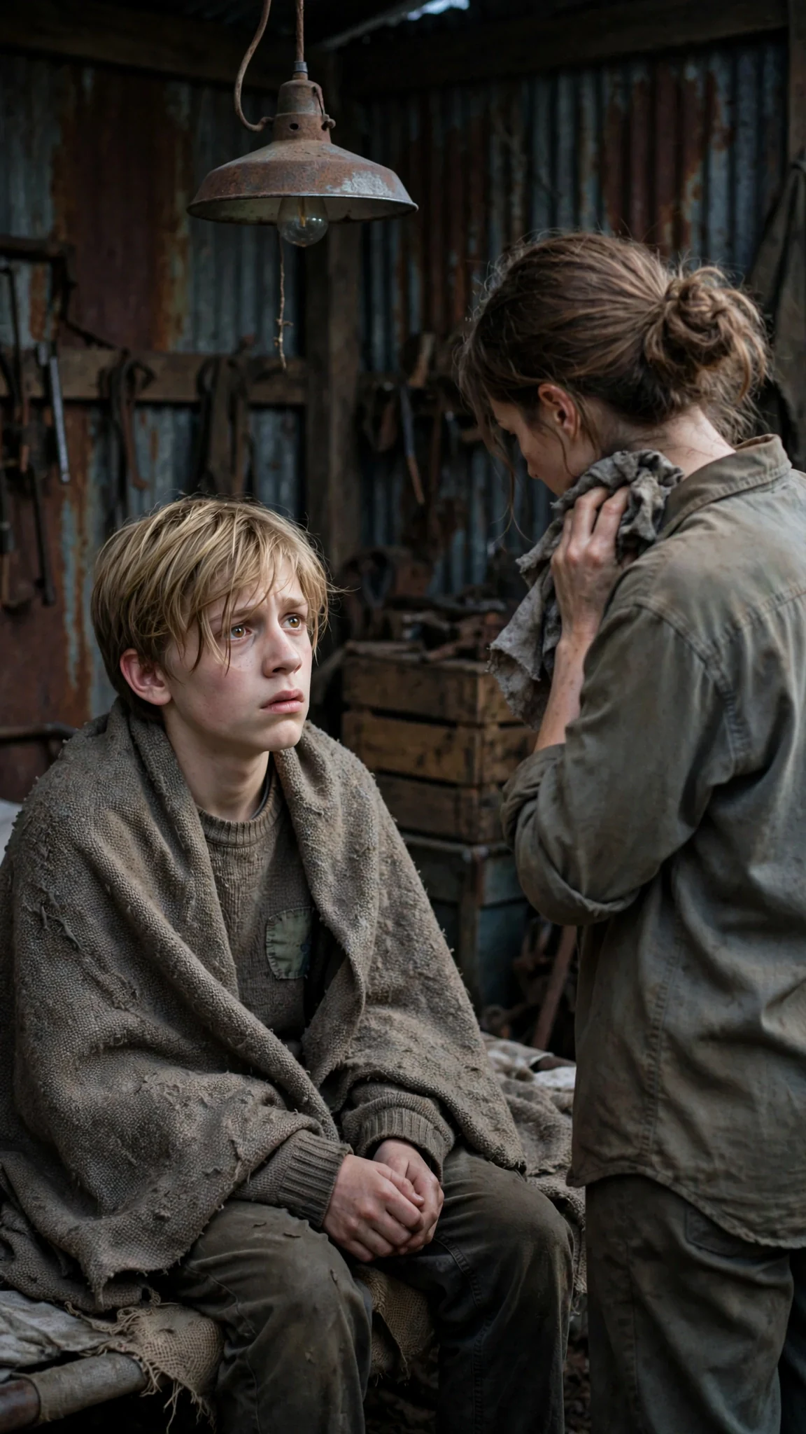 Oren sits up on a cot in the back of the shed, pale and worried, as Aria wipes her neck.