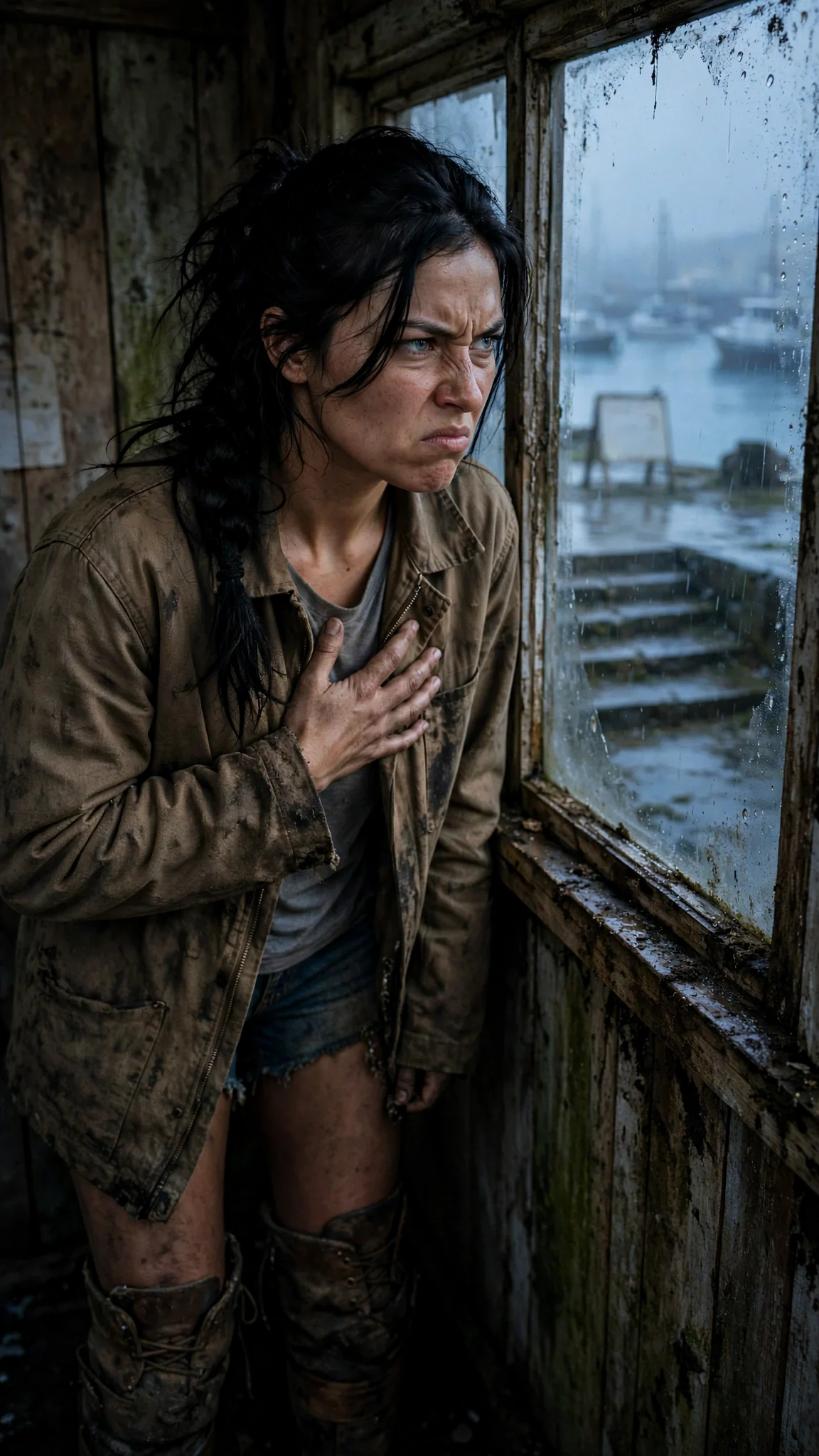 Aria stands at the shed window, hand pressed to her chest, staring at the harbor notice in the distance.