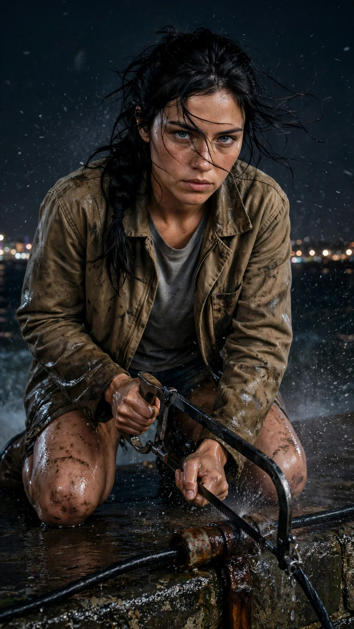 A young woman in a canvas jacket kneels on a wet stone sea wall at night, sawing a thick cable.