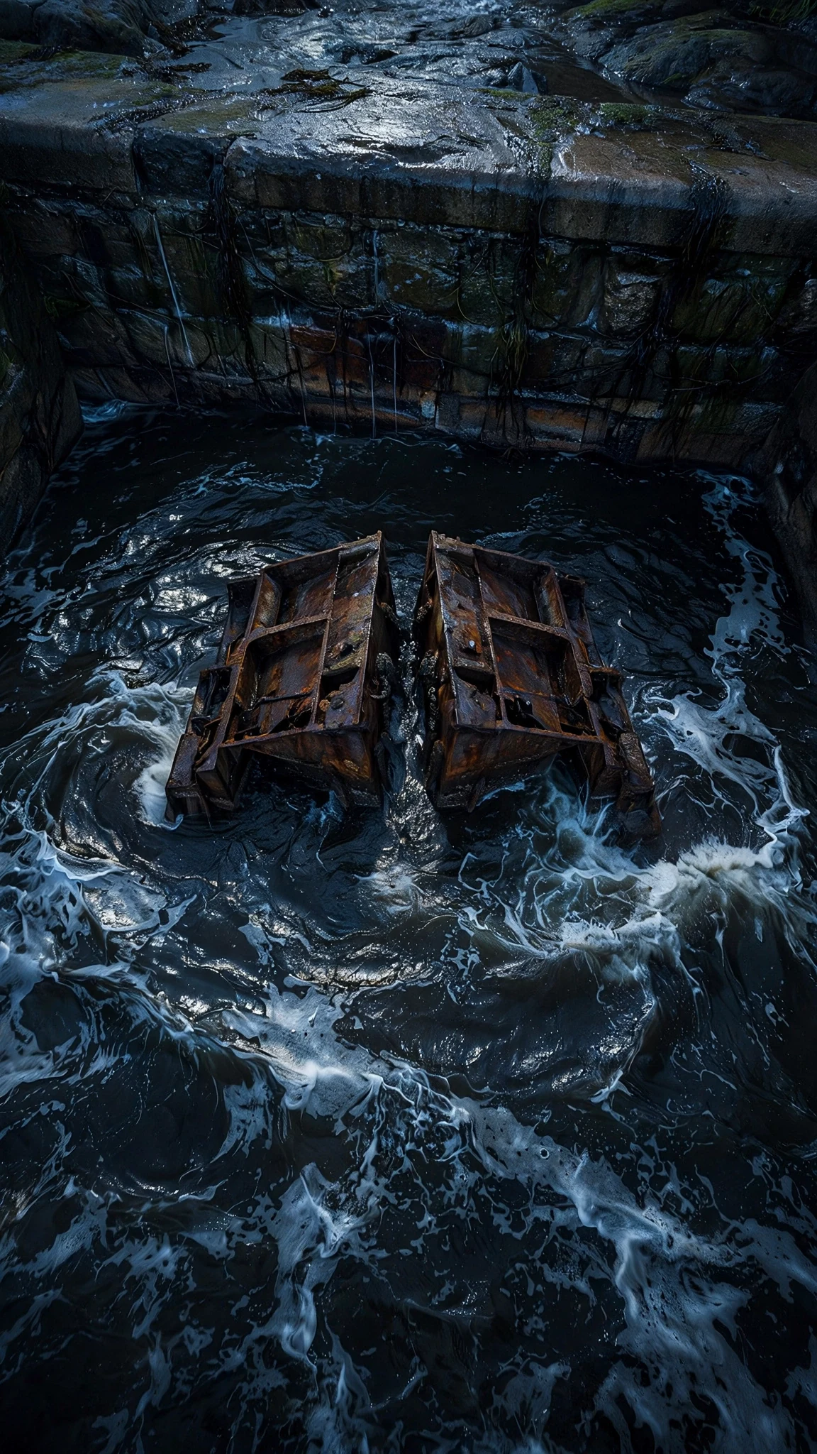 Looking down from a sea wall at black rusted flood gates in dark water below.