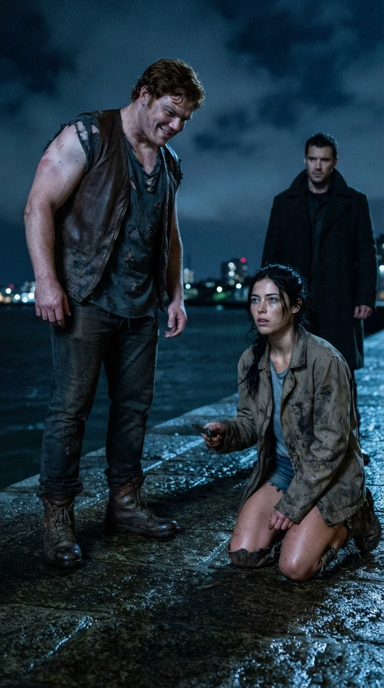A broad man in a leather vest walks the sea wall toward the kneeling woman, grinning.