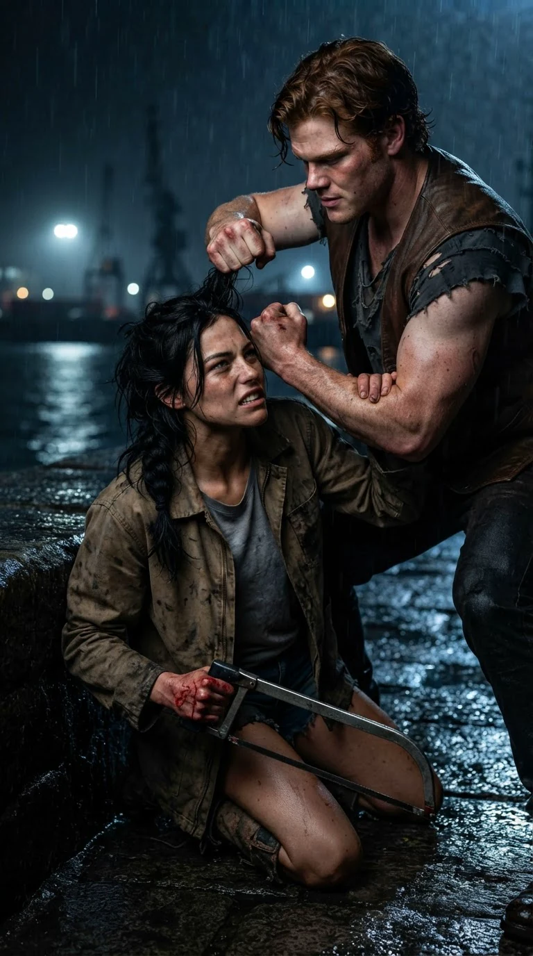 The man grips the woman's braid and hauls her up, her knees hitting stone.