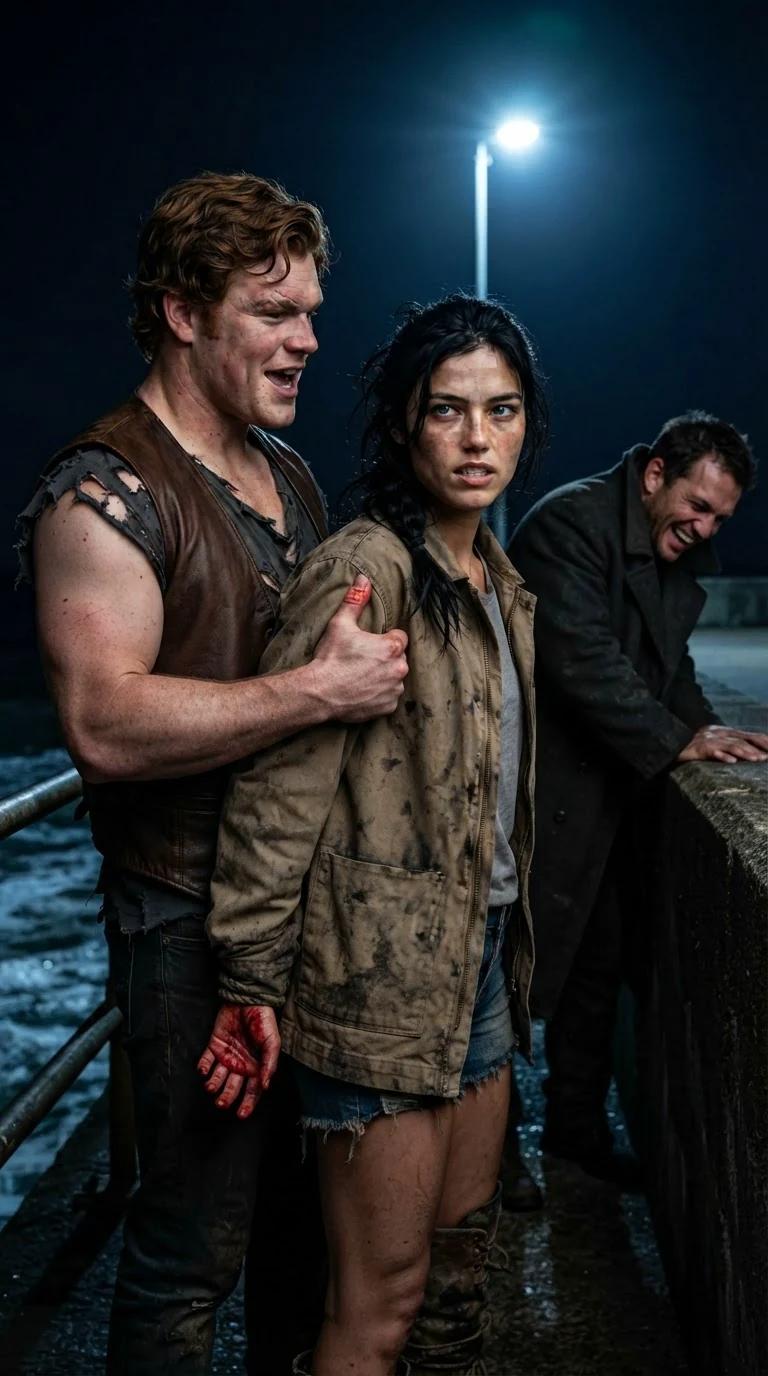The man holds the woman by the hair, talking to a second laughing enforcer.