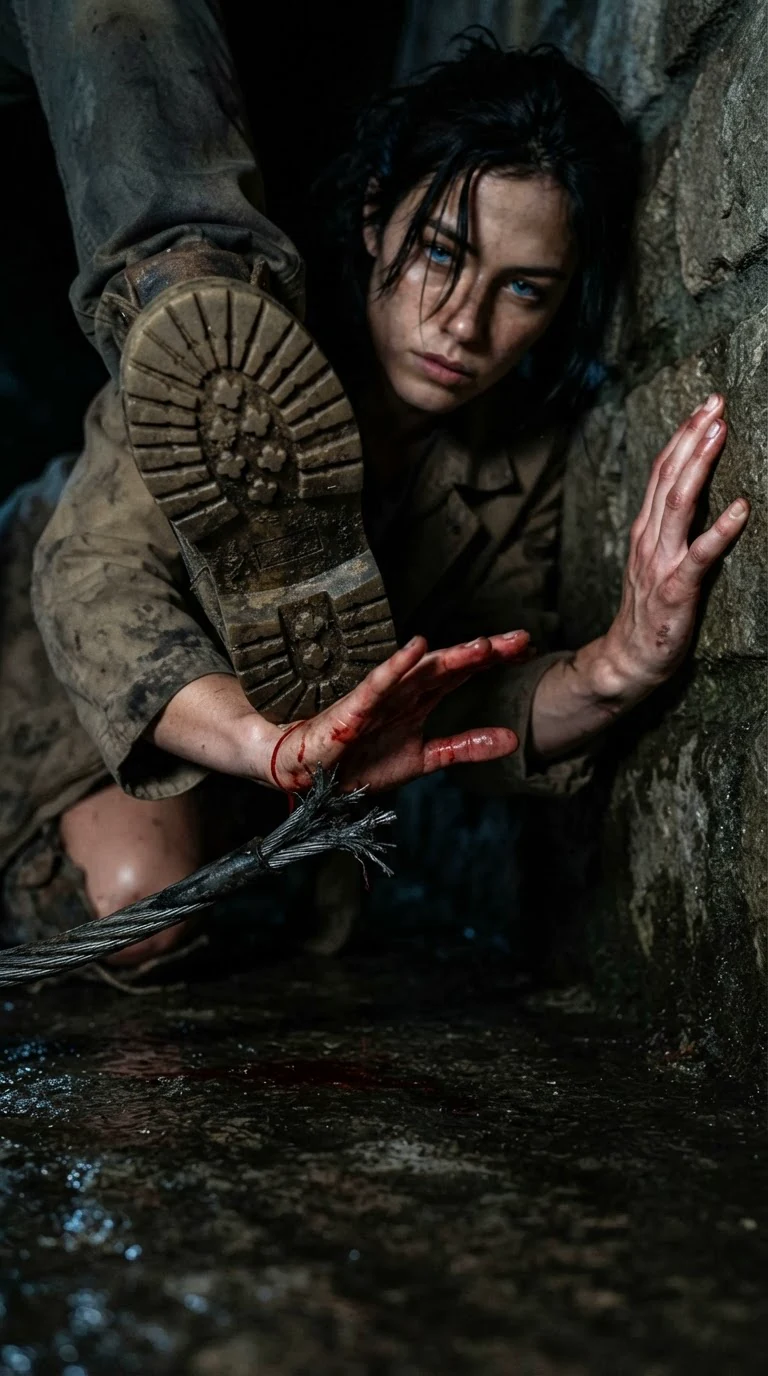 A boot presses the woman's hand onto a frayed cable end, blood on the wet stone.
