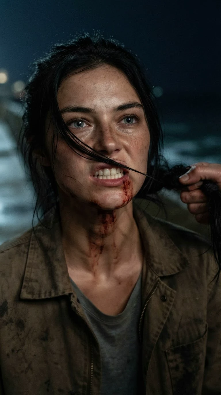 The woman's furious face close up, hair pulled tight, blood on her chin.