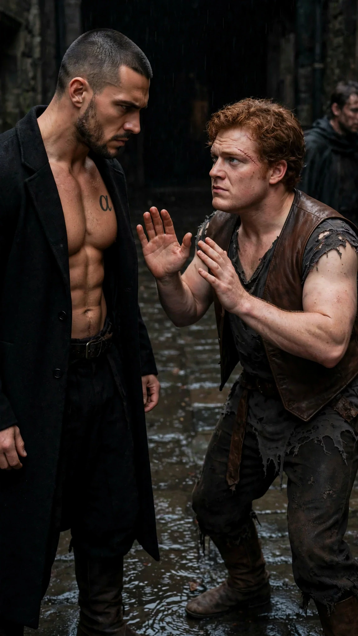 The enforcer backs away with his hands up while the tall man in the black coat stares him down.