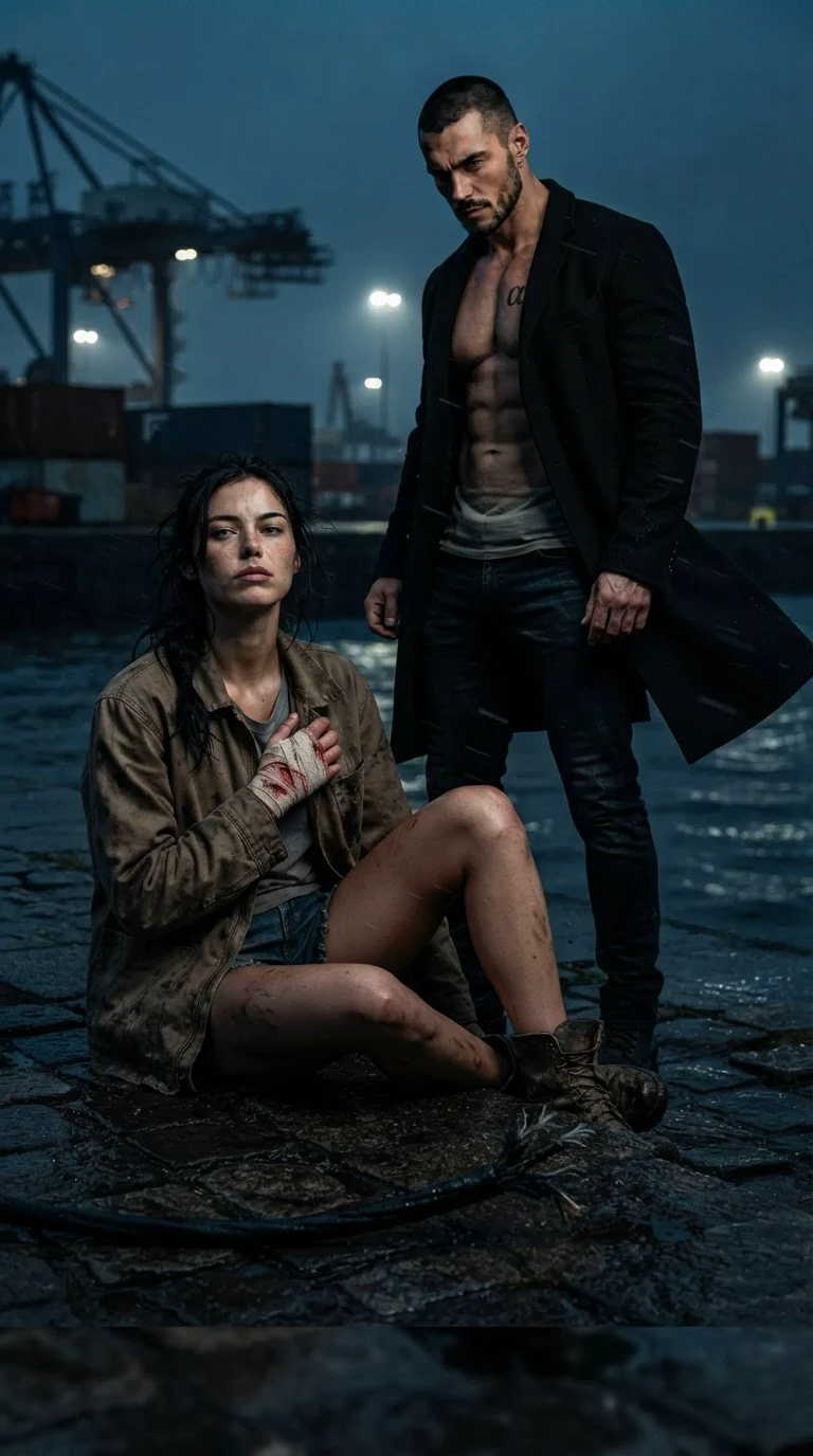 The woman sits on the stone, clutching her bleeding hand, glaring up at the Alpha.