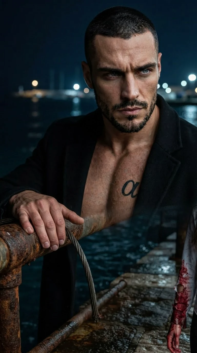Close on the Alpha's face as he reads the cut cable and the blood, then looks at her.