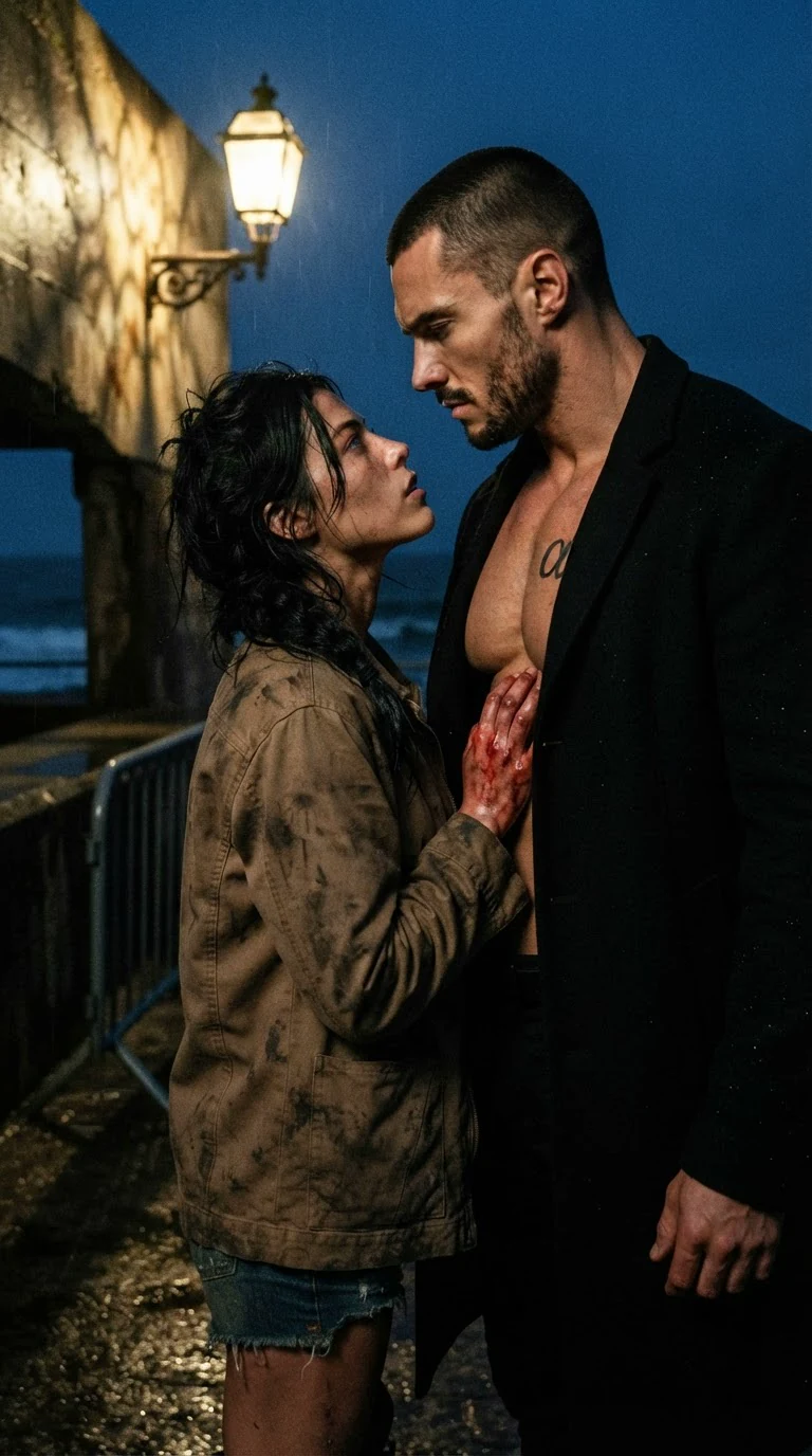 The woman glares up at him, her voice shaking, blood still running down her wrist.