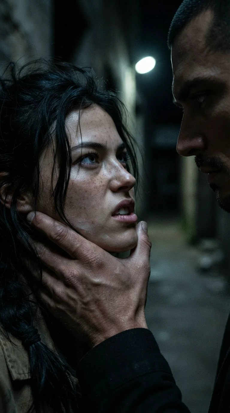 His fingers grip her jaw and tilt her face up, thumb pressing hard.
