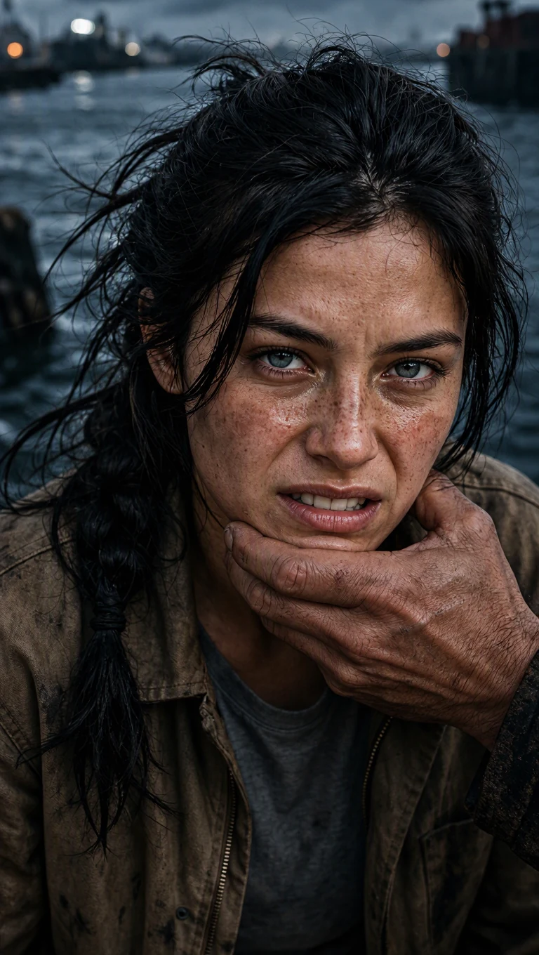 The woman speaks with her jaw still held, grief and hate in her face.