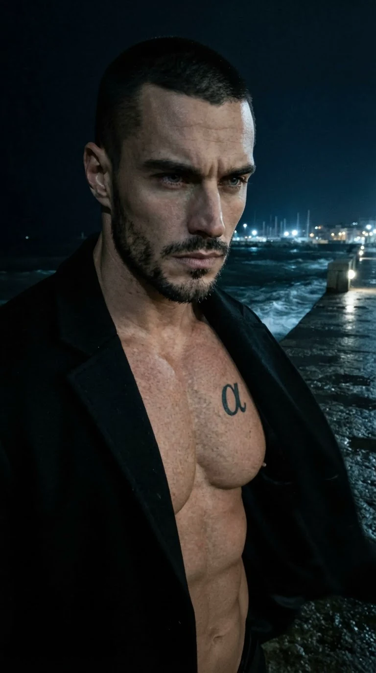 The Alpha stares down at her without flinching, coat blowing, face hard.