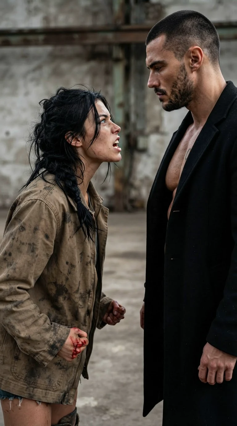 She shoves free of his grip, fists shaking, screaming up at him.