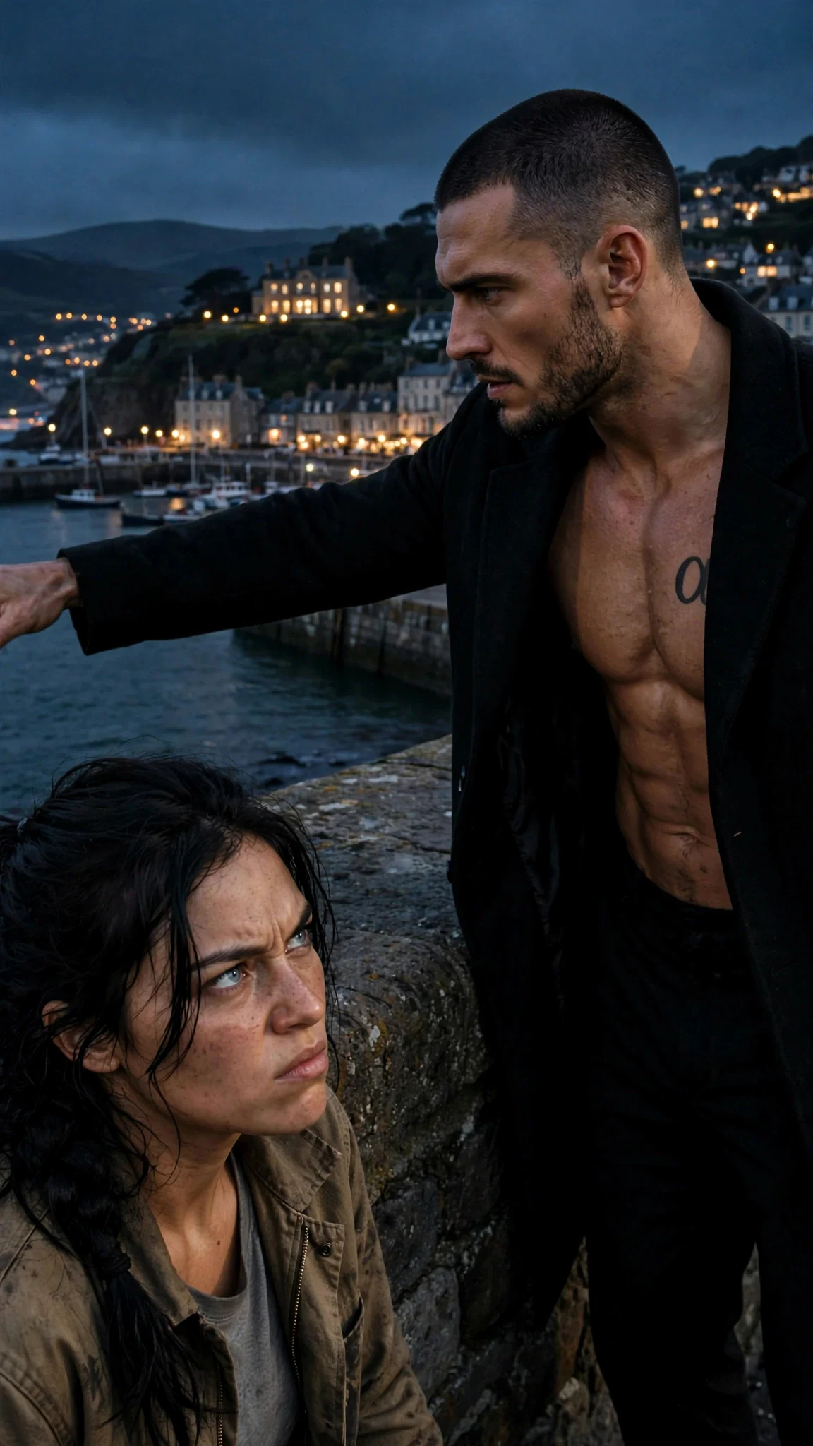 The Alpha points out at the dark harbor and the town below as he explains.