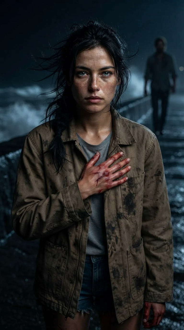 She holds her bleeding hand against her chest and looks at him with pure hate.