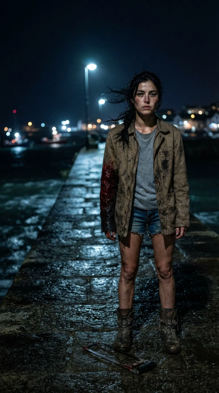 The woman alone on the empty sea wall at night, wind whipping her braid, blood on her sleeve.