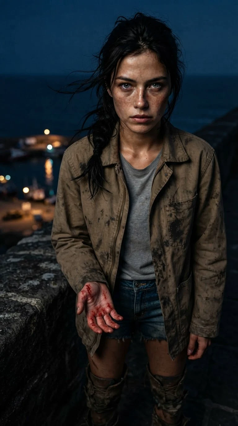 Aria stands alone on a dark stone sea wall at night, holding out a bleeding palm.
