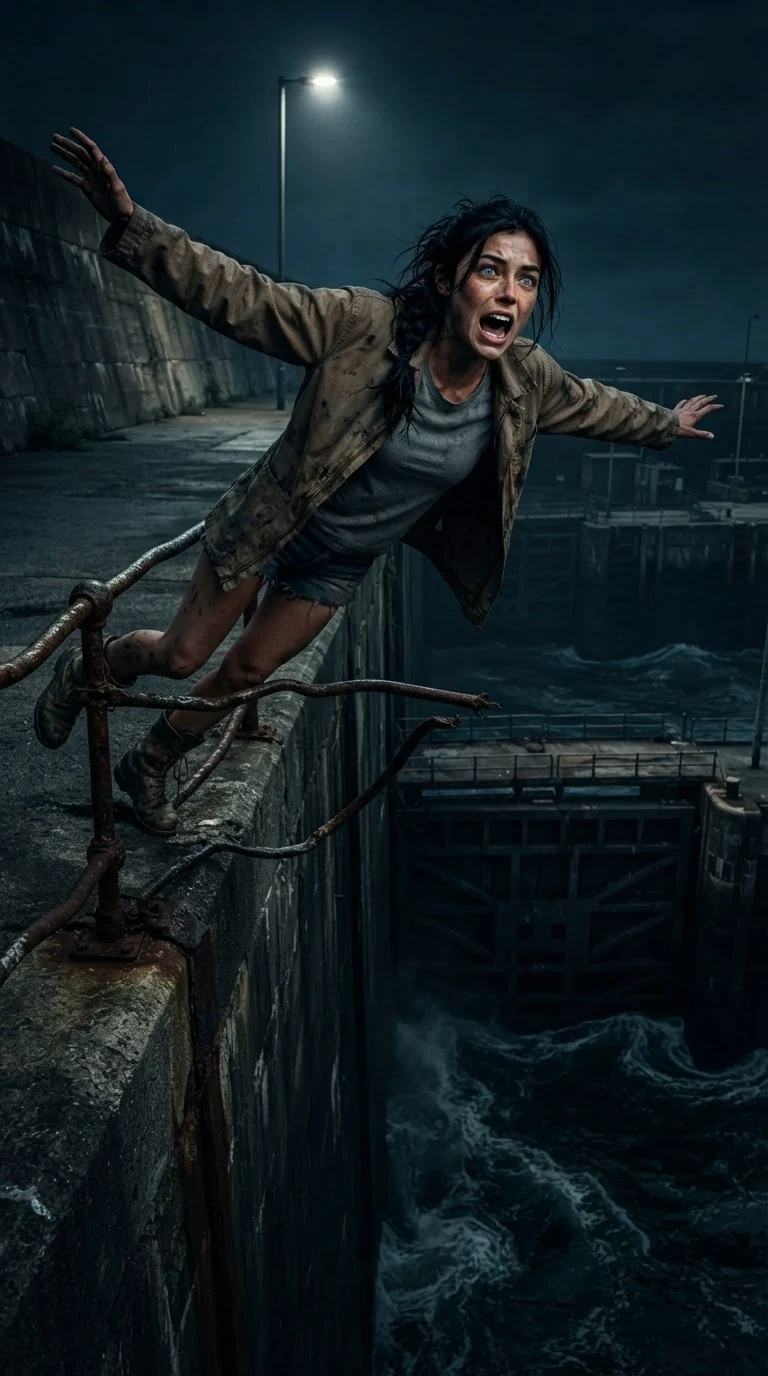 Aria tips backward as the rusted railing bends away beneath her.