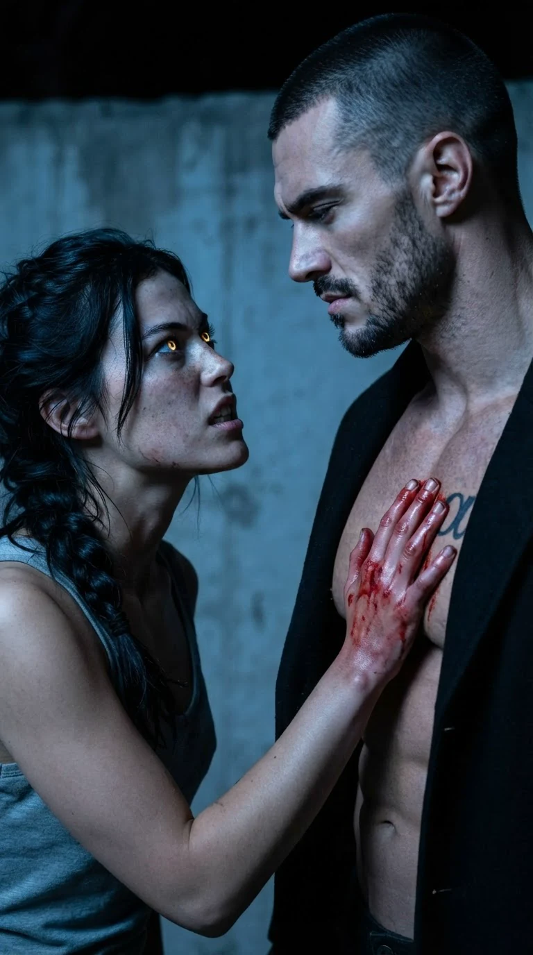 Aria's bloody hand flat on Galen's bare chest as her glowing eyes lift to his.