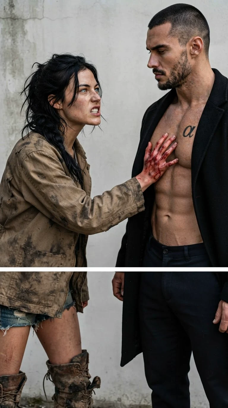 Aria shoves her bloody hand against Galen's chest, glaring up at him.