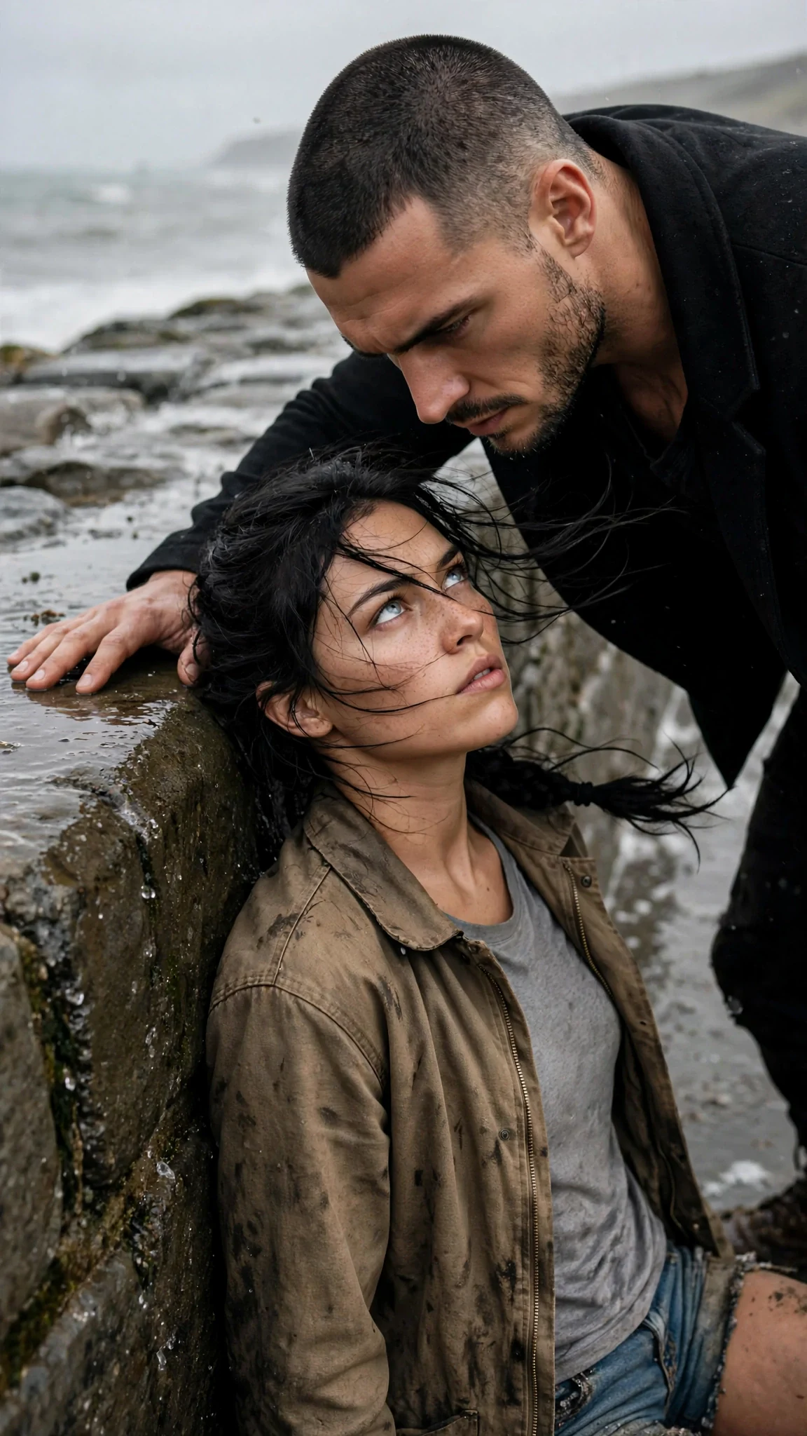Galen's hand flat on the stone beside Aria's head as he leans in over her.