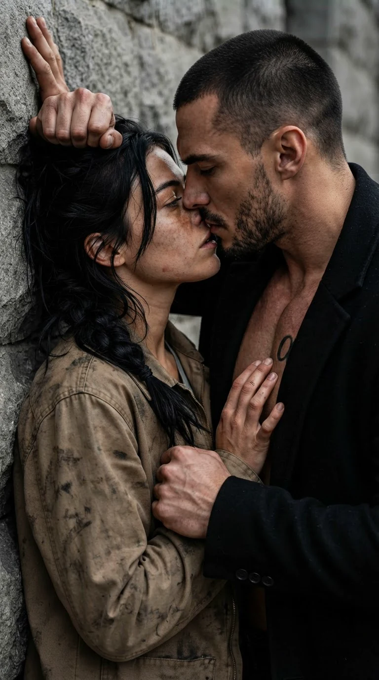 Galen kisses Aria hard against the sea wall, one hand in her braid.