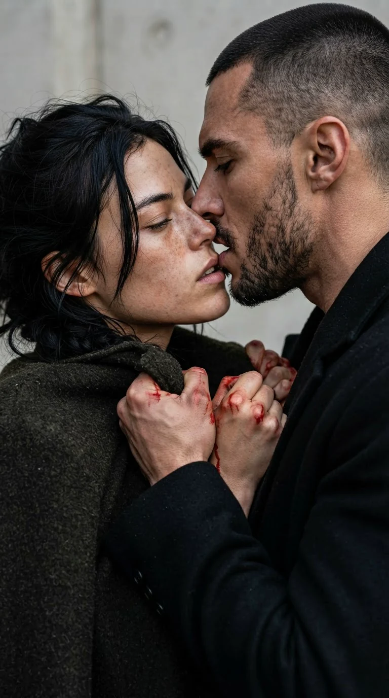 Aria's fists close in Galen's open coat, pulling him closer.