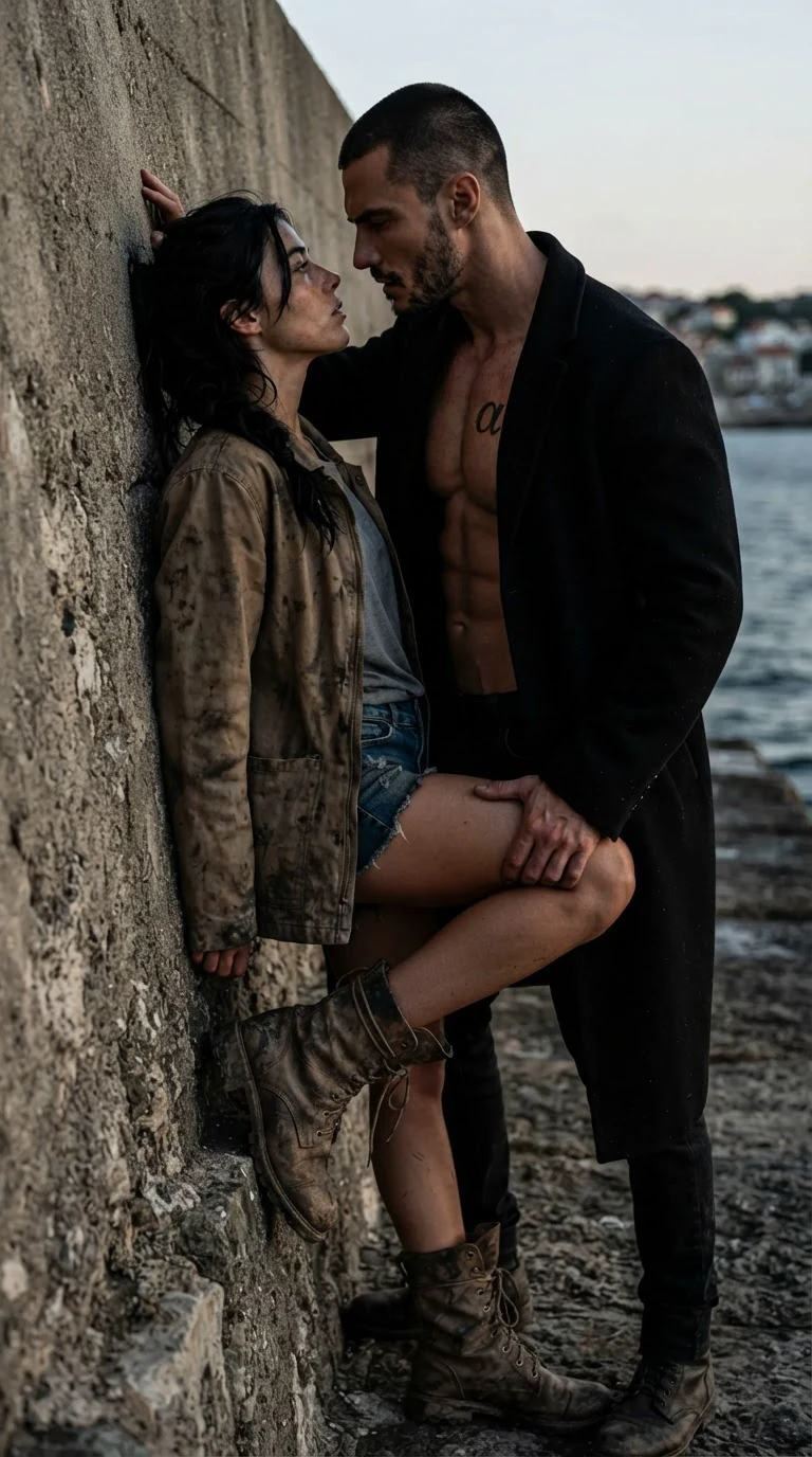 Galen presses his thigh between Aria's knees and rocks her against the wall.