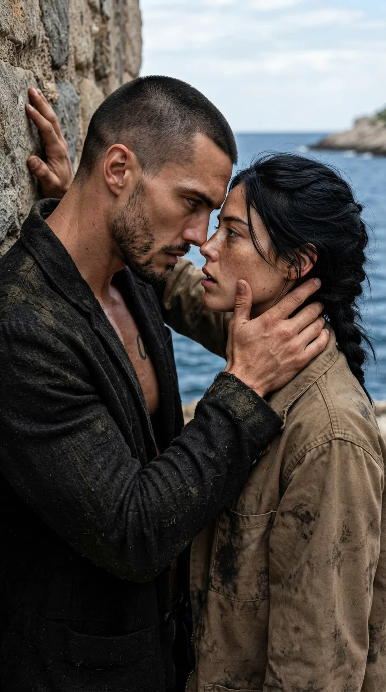 Galen holds Aria against the wall, his forehead against hers, talking low.