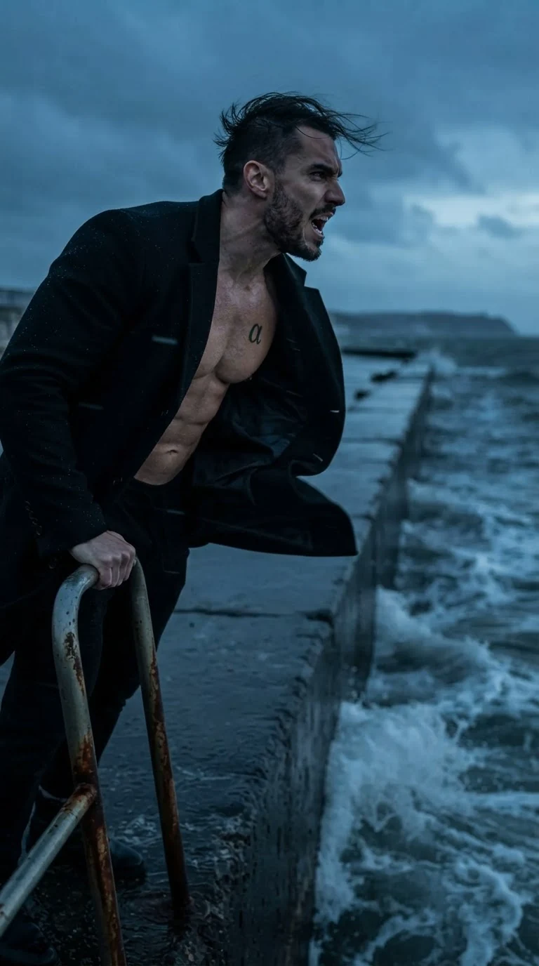 Galen stands alone on the sea wall, coat open, shouting after her.