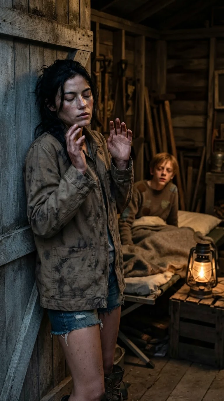 Aria leans against the shed door, hands shaking, while Oren stirs under his blanket.