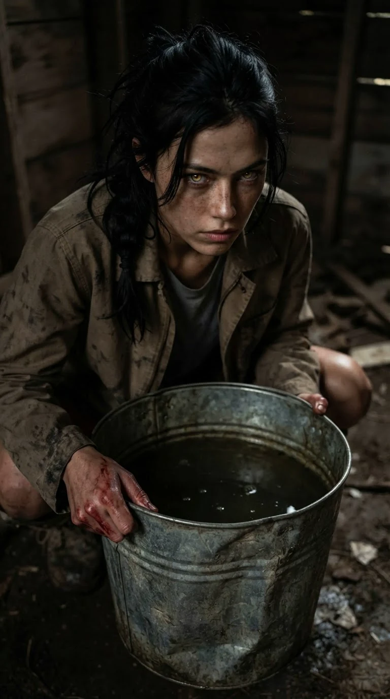 Aria looks down at her glowing eyes reflected in dark bucket water.