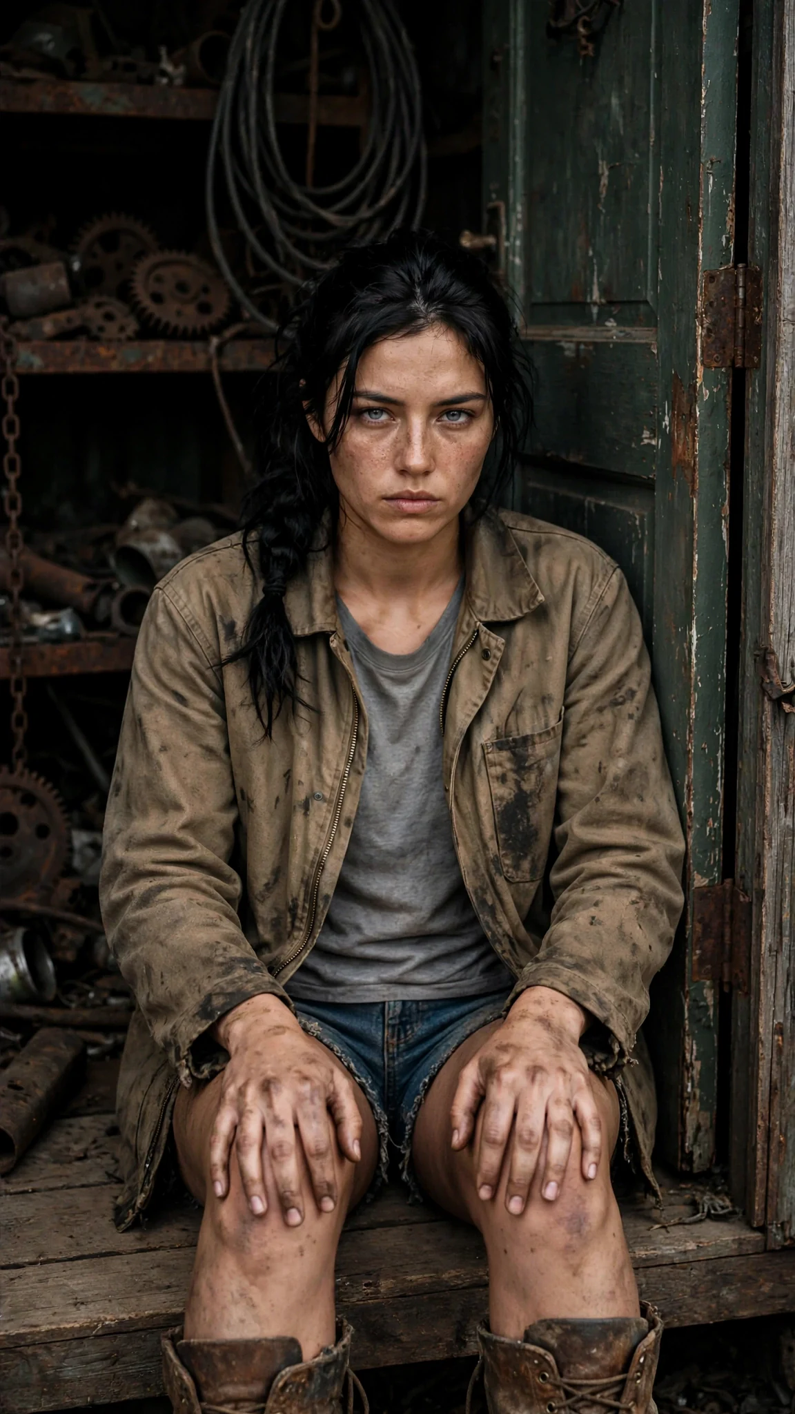 Aria sits on the shed floor with her back against the door, pressing her shaking hands flat on her knees.