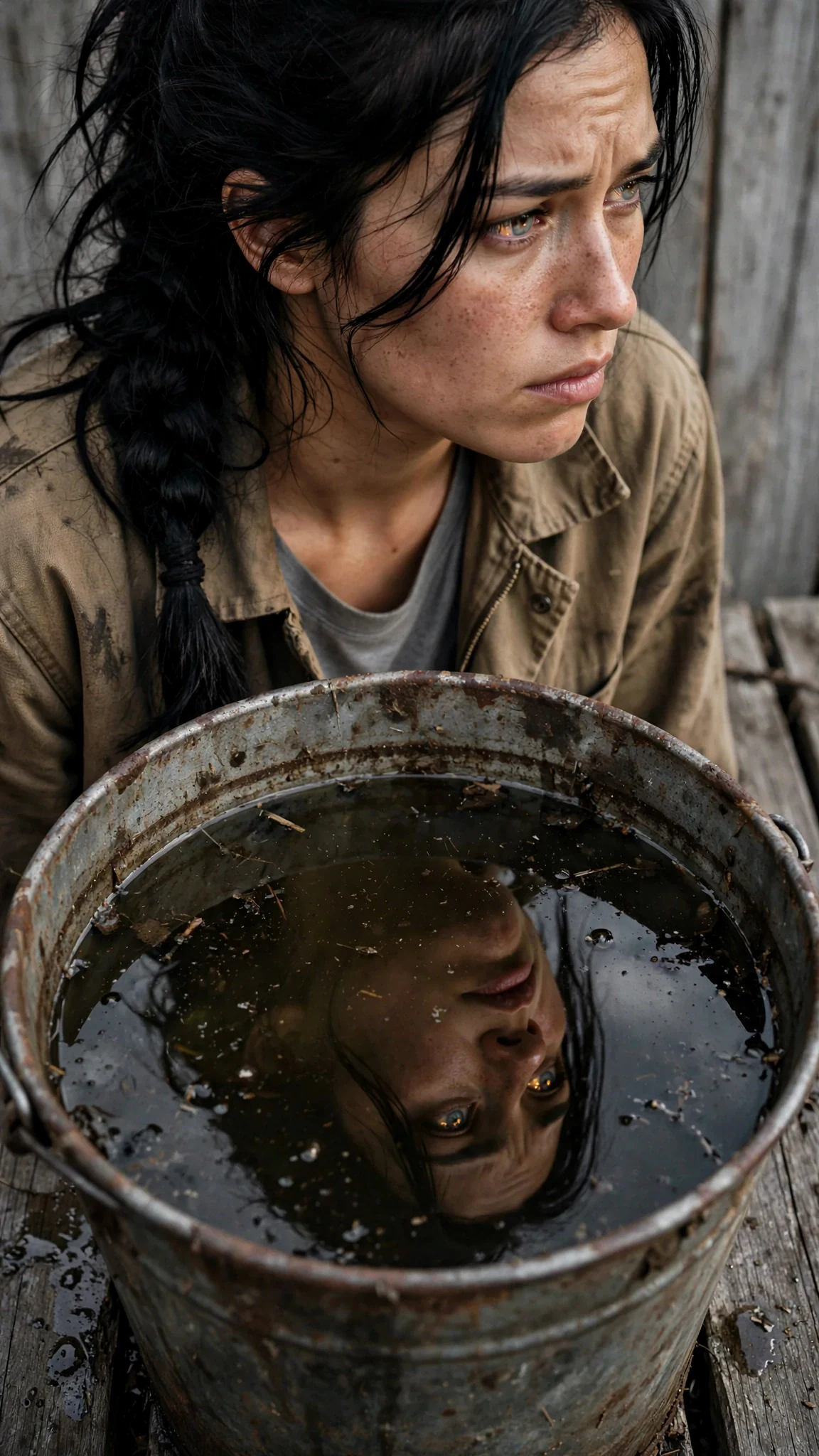 Aria's face reflected in the dark water of a bait bucket, a faint glow still in her eyes.