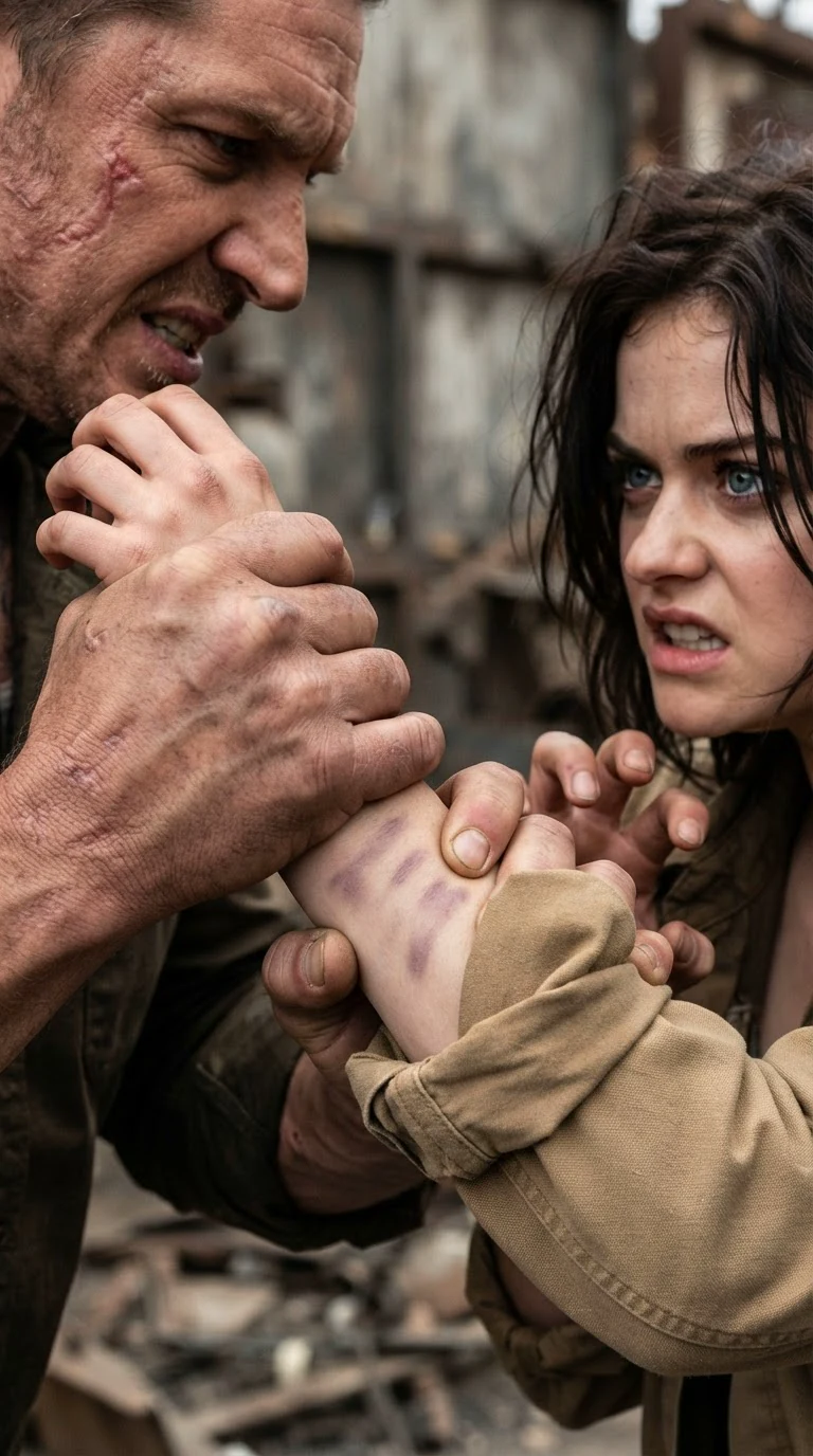 Jarvis's hand squeezes Aria's wrist, right over the older purple marks.