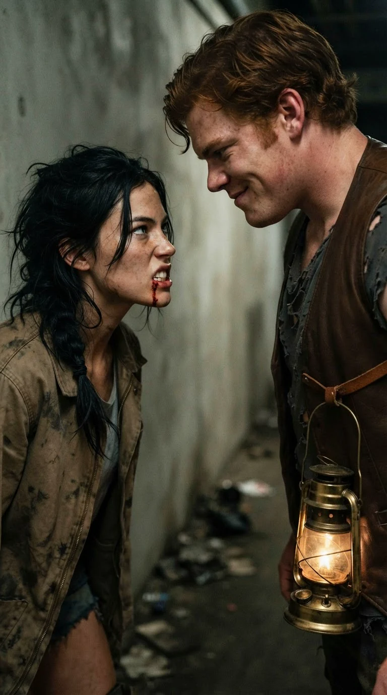 Aria, blood on her chin, threatens Jarvis while he smirks at her.
