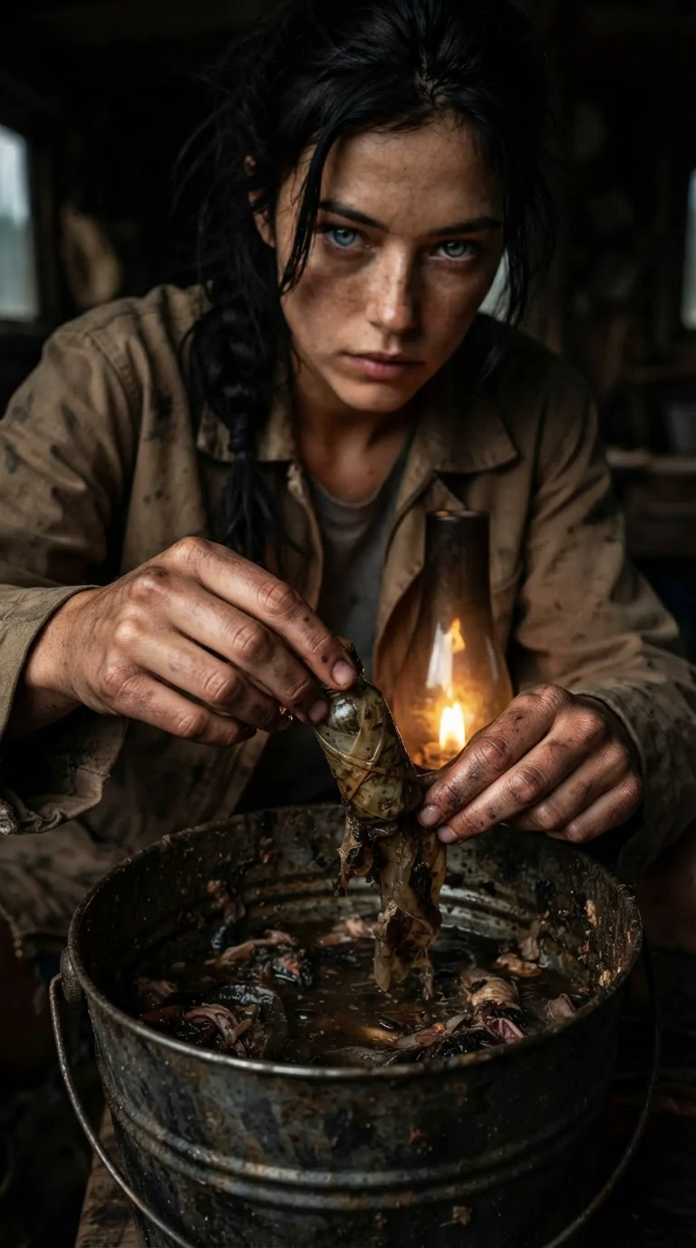 Aria lifts the last oilcloth-wrapped vial out of the fish guts in the bait bucket.