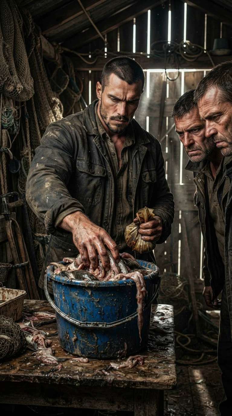 Galen reaches into the bait bucket of fish guts and pulls out an oilcloth bundle.
