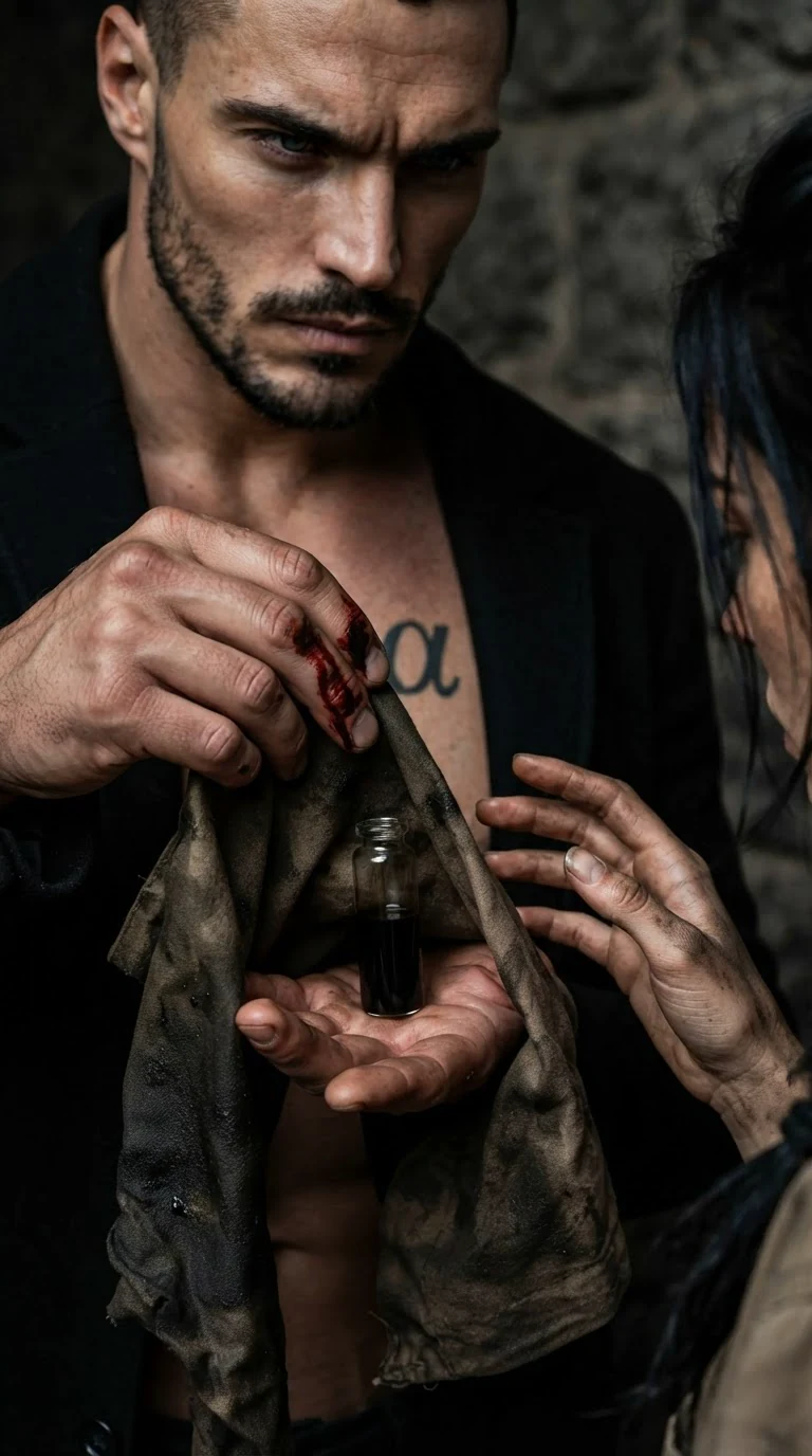 Galen peels back the cloth to show one glass vial in his bloody palm.