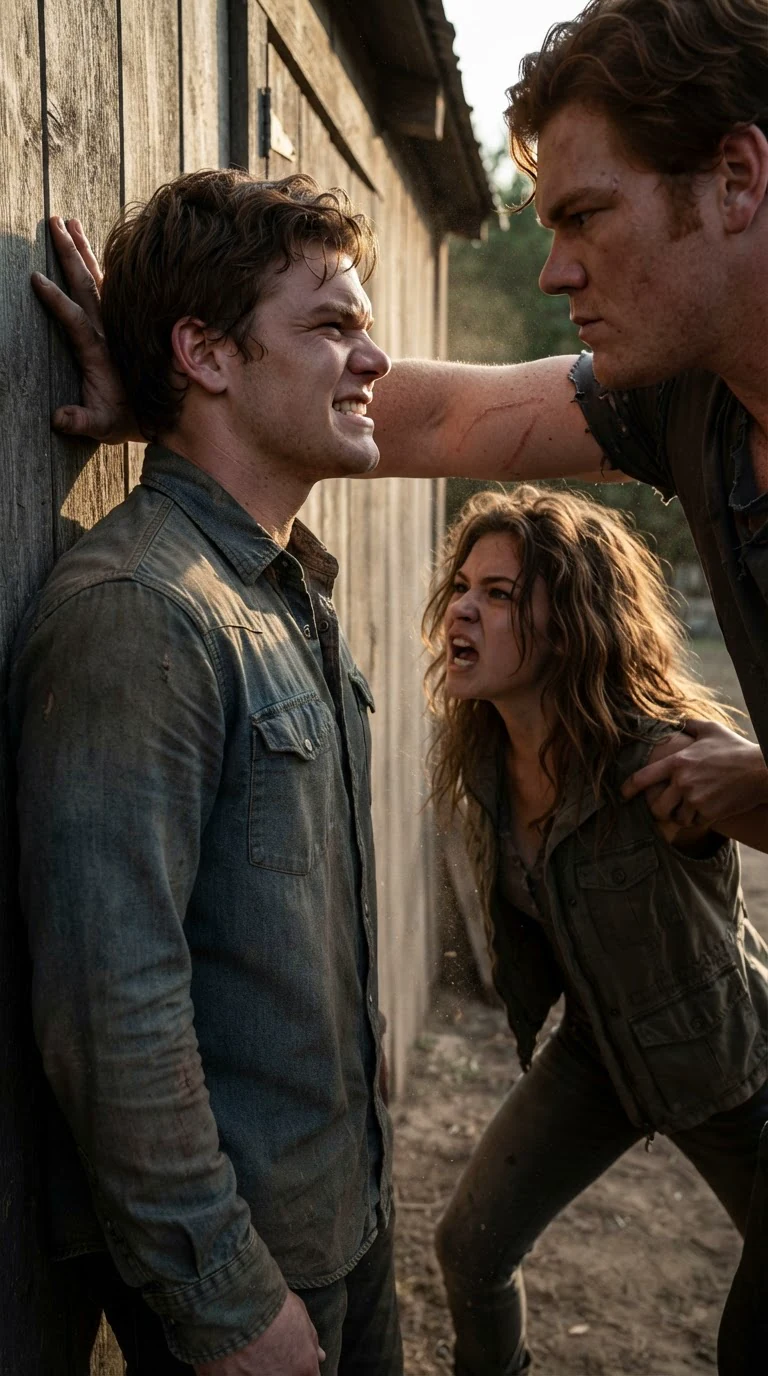 Jarvis slams Oren's head into the wall as Aria lunges and shouts.