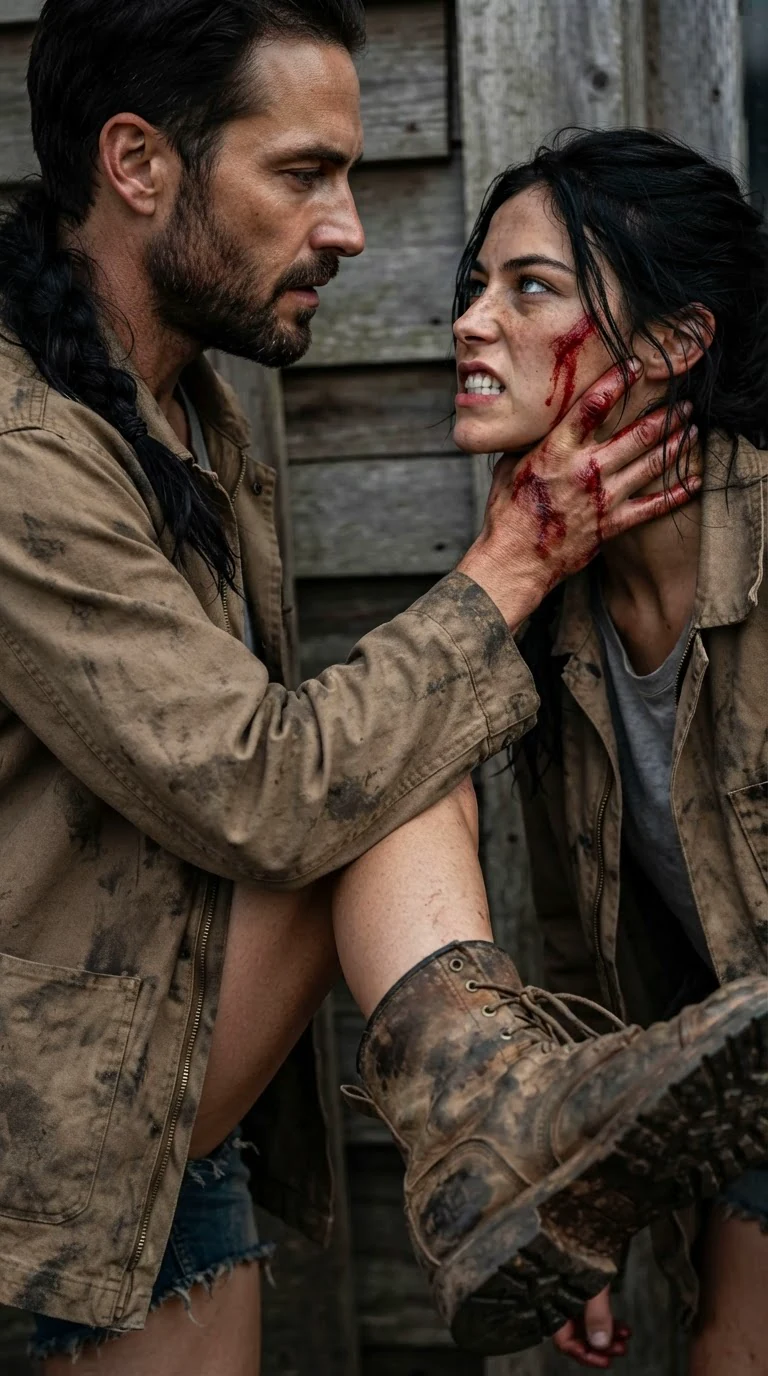 Aria kicks back into Galen's shin as his bloody hand grips her jaw.