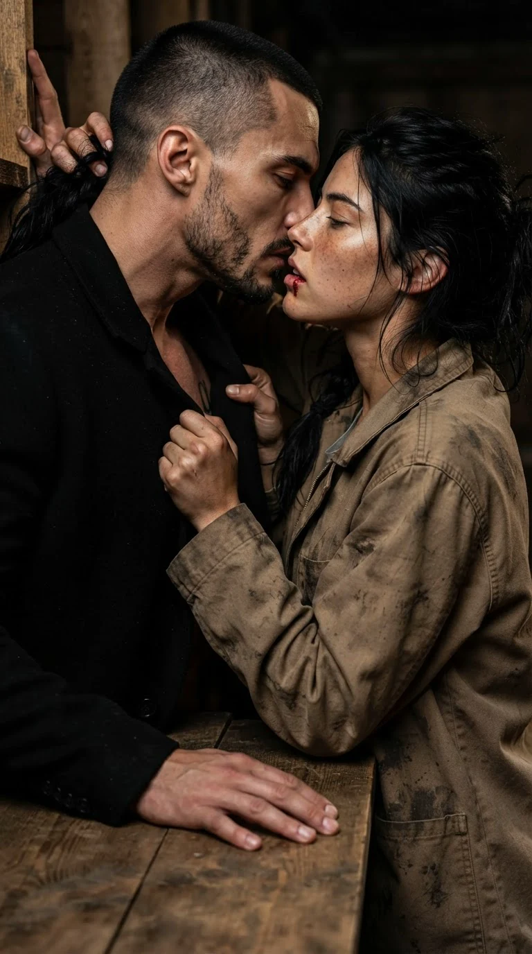 Galen kisses Aria hard against the shelf and she pulls him in by his coat.