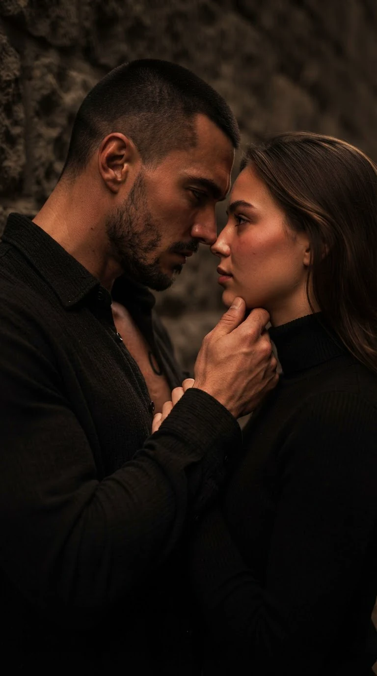 Galen's hand slides under Aria's shirt at her ribs as she arches into him.