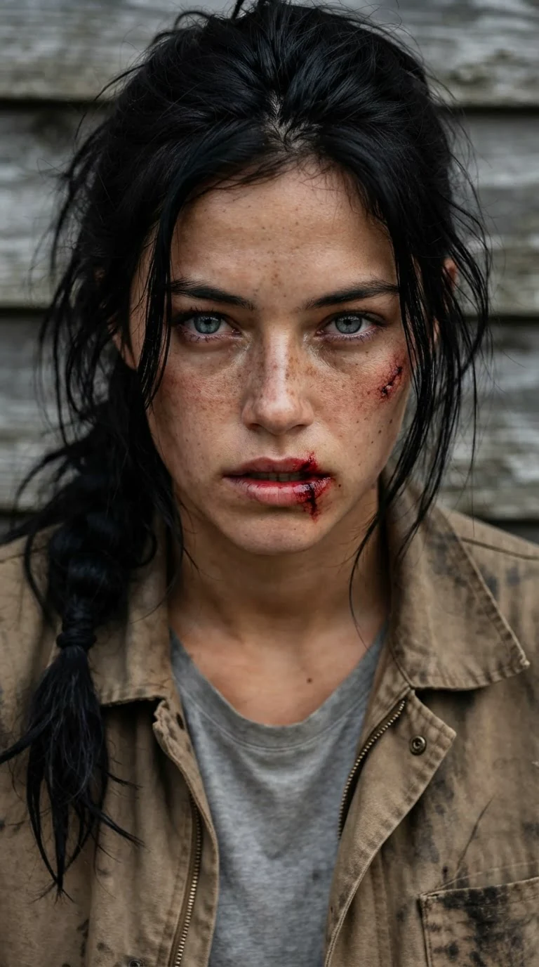 Close on Aria's bruised face, her split lip bloodied, jaw tight and eyes wet with fury.